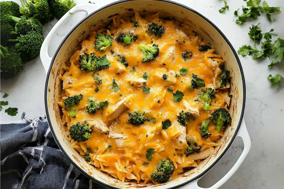 One-Pot Cheesy Chicken Orzo Bake with Broccoli