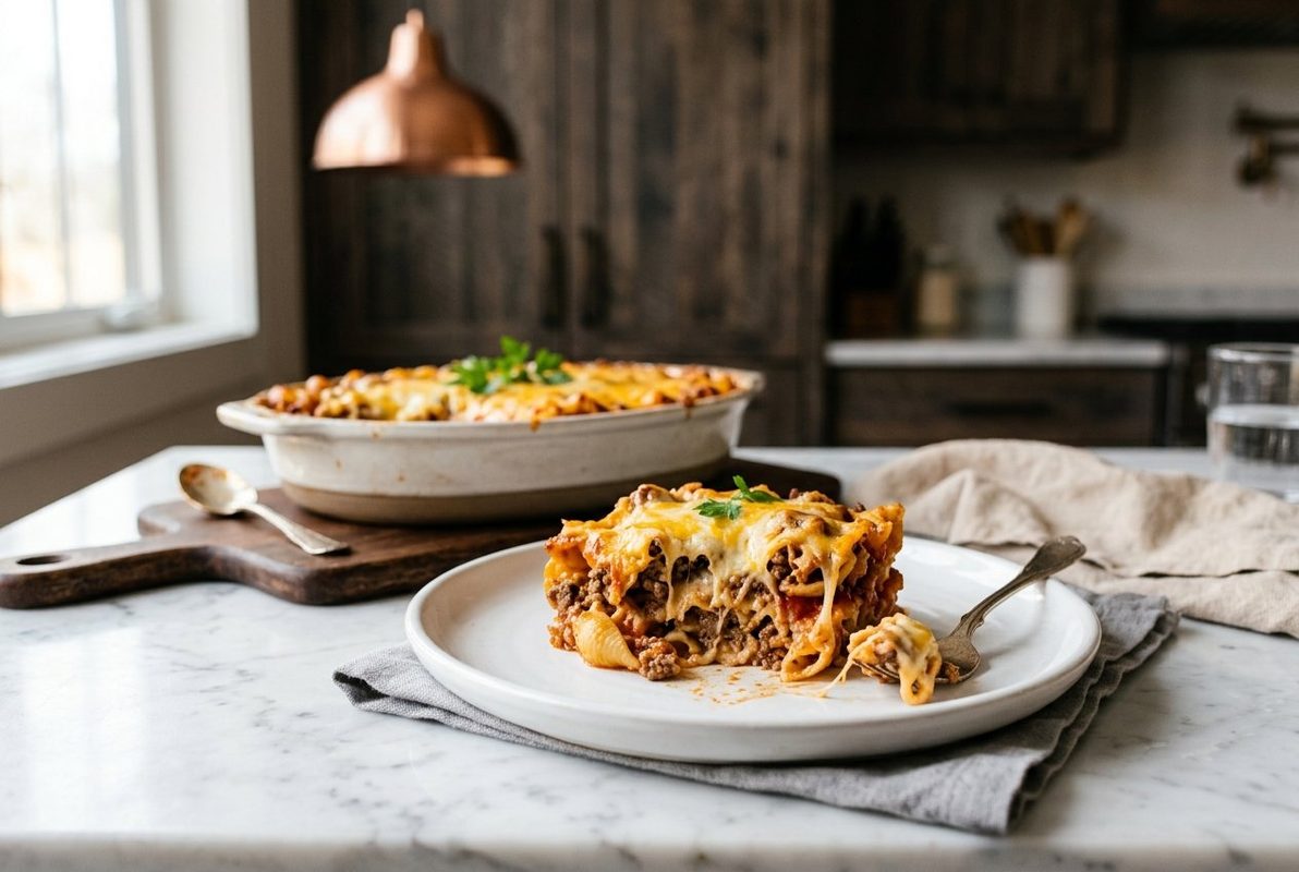 4 Ingredient Hamburger Casserole hero shot with a serving scooped out
