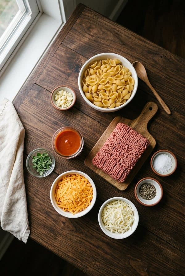 4 Ingredient Hamburger Casserole ingredients laid out on black marble countertop