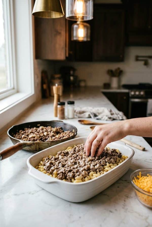 4 Ingredient Hamburger Casserole being prepared in the kitchen