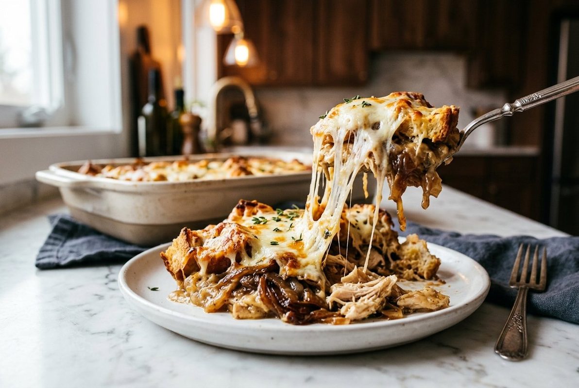 5 Ingredient French Onion Chicken Casserole hero shot with a serving scooped out