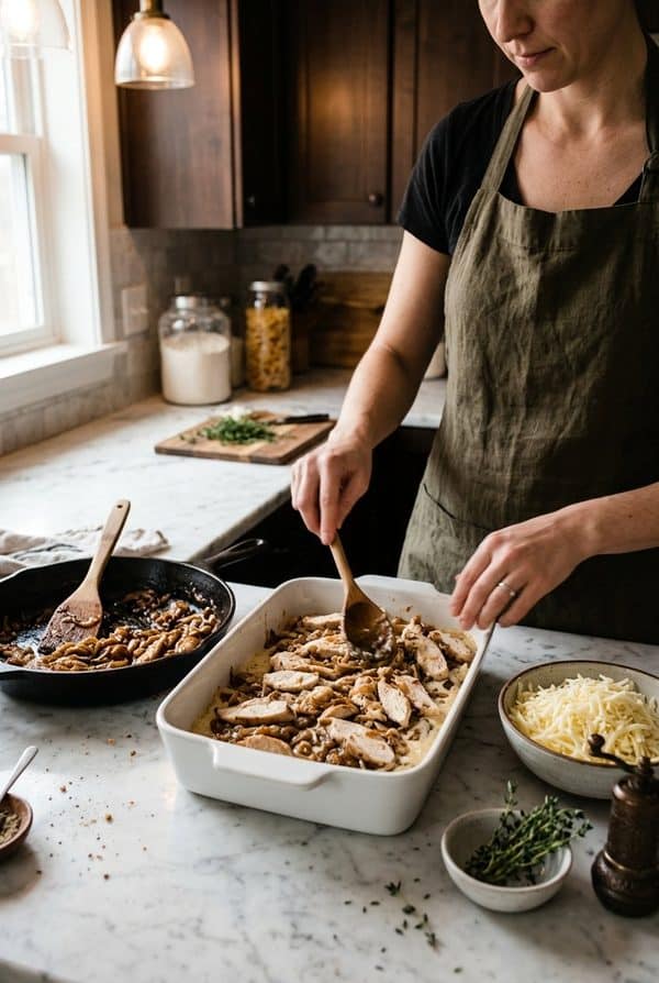 5 Ingredient French Onion Chicken Casserole being prepared in the kitchen