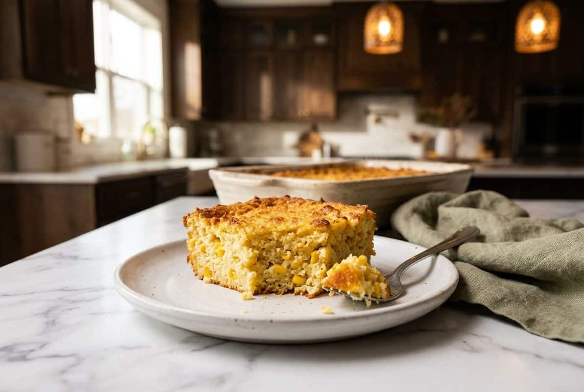 5-Ingredient Jiffy Corn Casserole hero shot with a serving scooped out