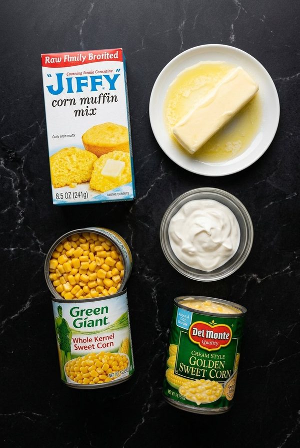 5-Ingredient Jiffy Corn Casserole ingredients laid out on black marble countertop