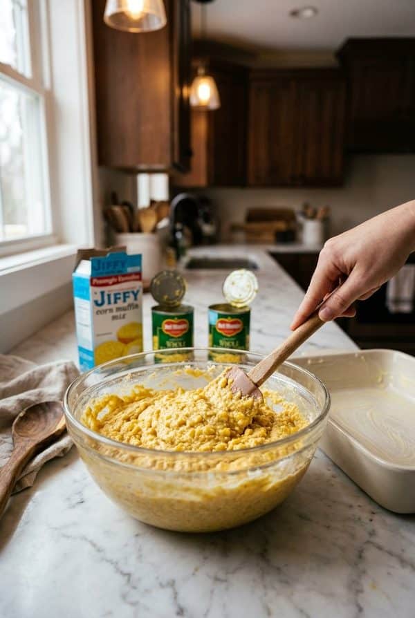 5-Ingredient Jiffy Corn Casserole being prepared in the kitchen