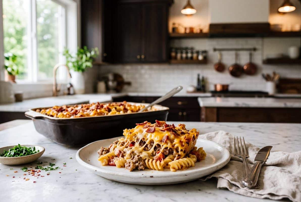 Bacon Cheeseburger Pasta Casserole hero shot with a serving scooped out