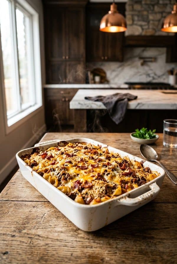 Bacon Cheeseburger Pasta Casserole fresh from the oven