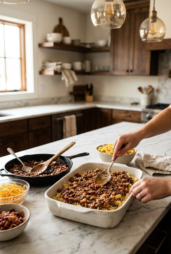 Bacon Cheeseburger Pasta Casserole being prepared in the kitchen