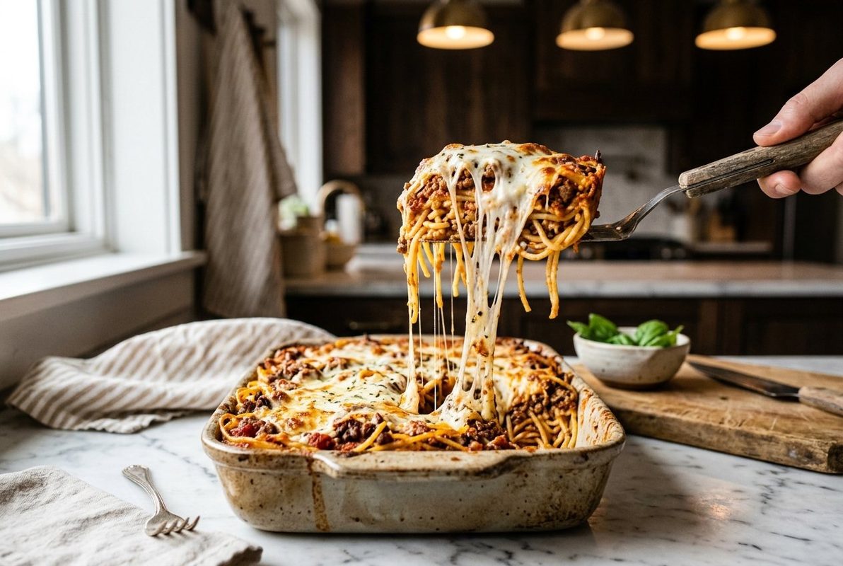 Easy Baked Spaghetti Casserole hero shot with a serving scooped out