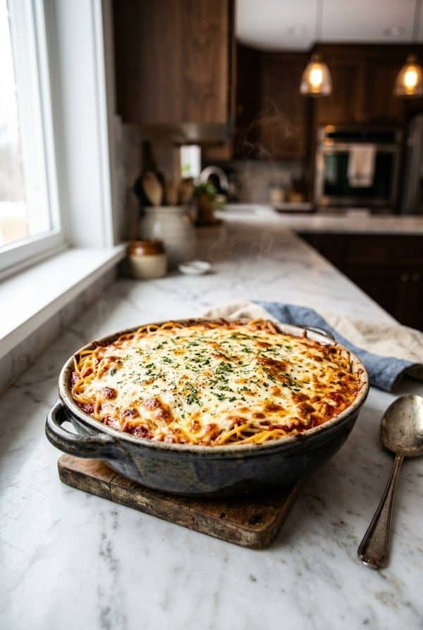 Easy Baked Spaghetti Casserole fresh from the oven