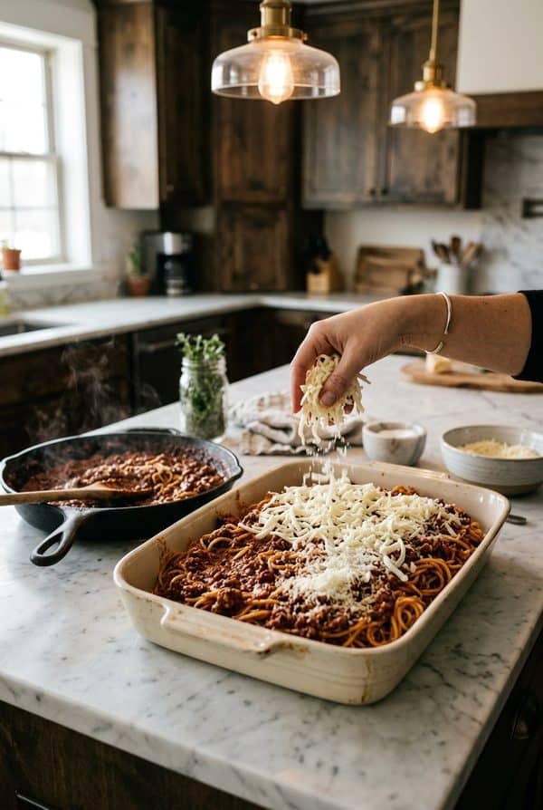Easy Baked Spaghetti Casserole being prepared in the kitchen