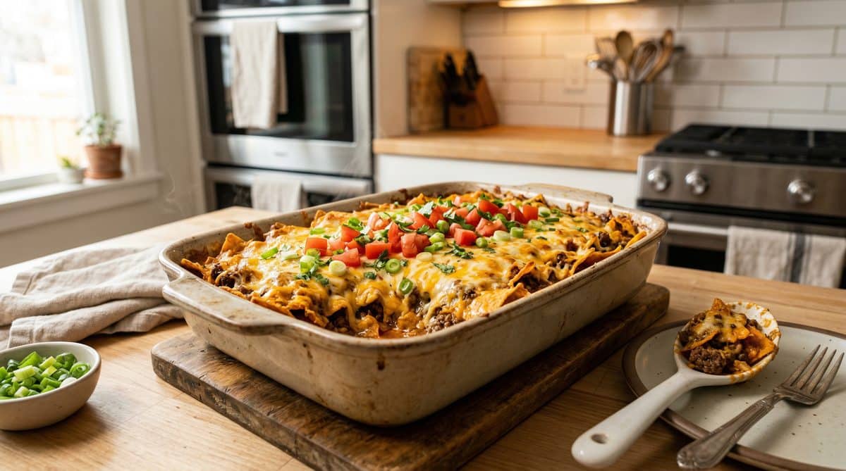 Beef Dorito Casserole fresh from the oven with melted cheese