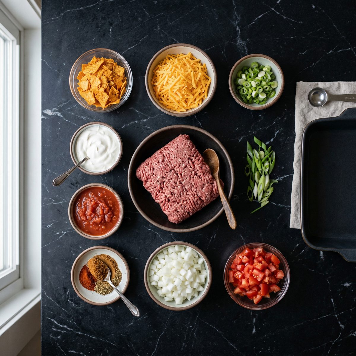 Beef Dorito Casserole ingredients on black marble countertop