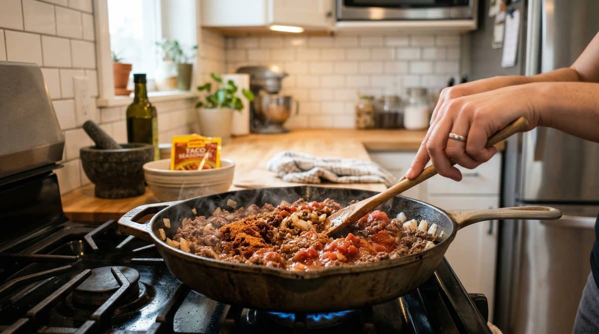 Browning ground beef with onions and taco seasoning in a skillet