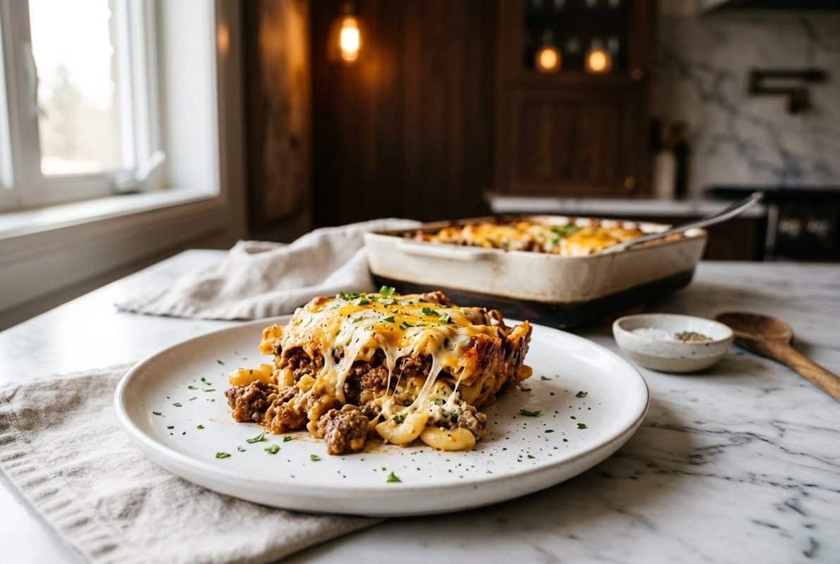 Beef Lombardi Casserole hero shot with a serving scooped out