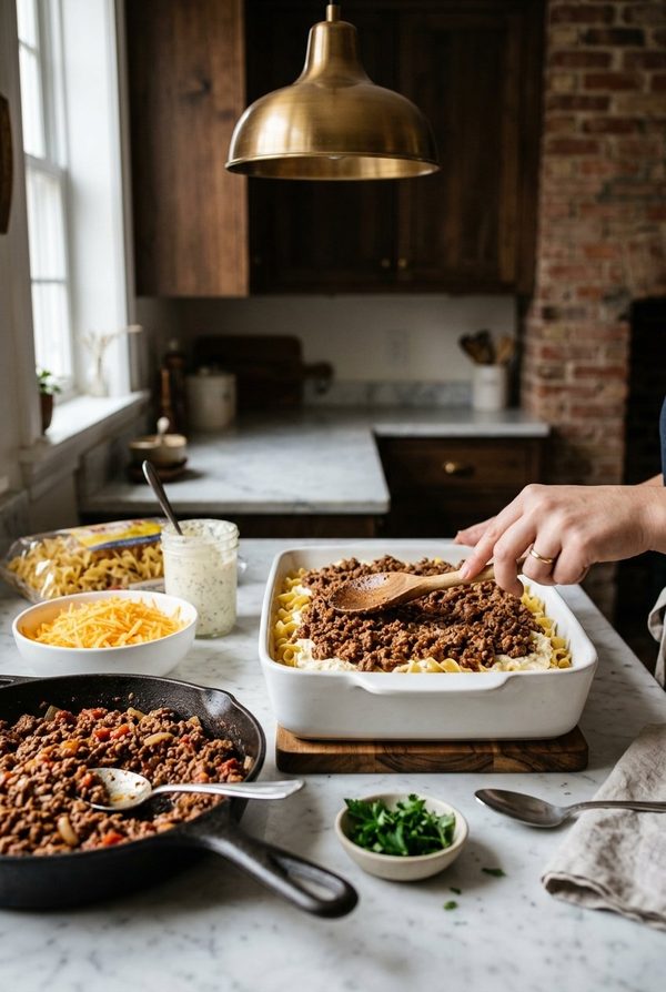 Beef Lombardi Casserole being prepared in the kitchen
