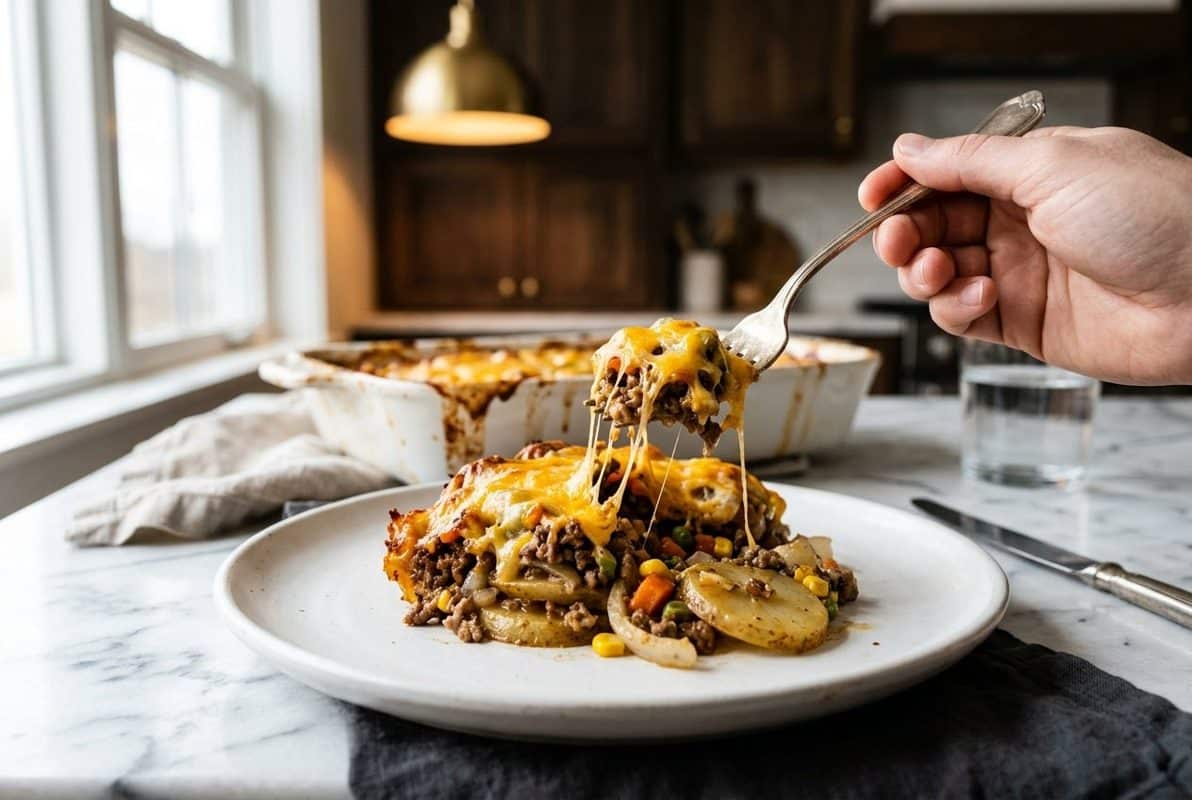 Best Hobo Casserole With Ground Beef hero shot with a serving scooped out