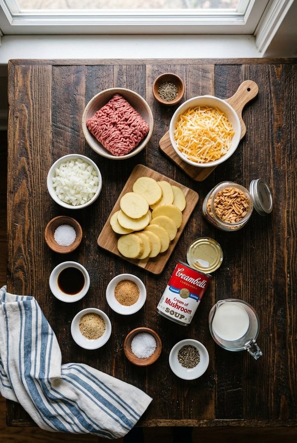 Best Hobo Casserole With Ground Beef ingredients laid out on black marble countertop