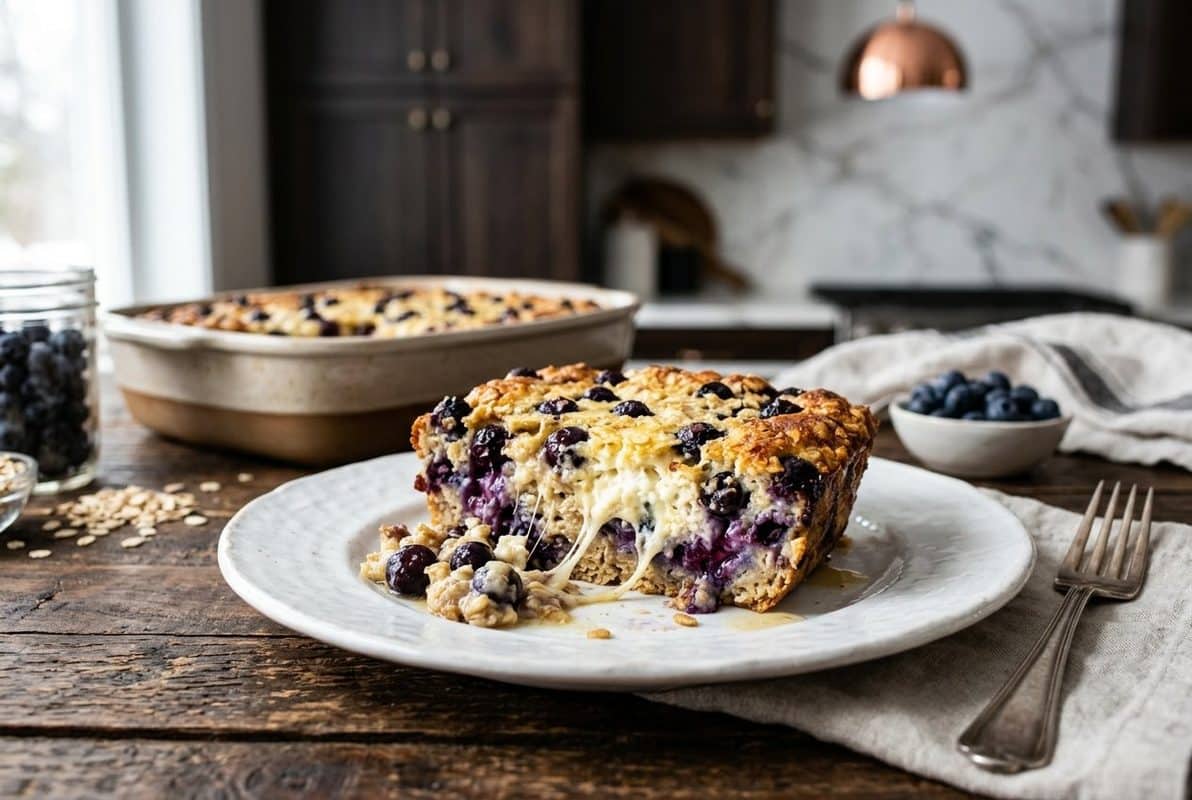 Blueberry Cottage Cheese Breakfast Bake hero shot with a serving scooped out