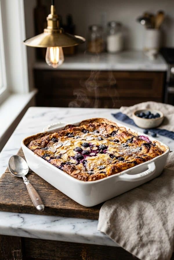 Blueberry Cottage Cheese Breakfast Bake fresh from the oven