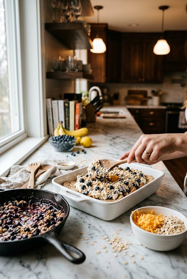 Blueberry Cottage Cheese Breakfast Bake being prepared in the kitchen