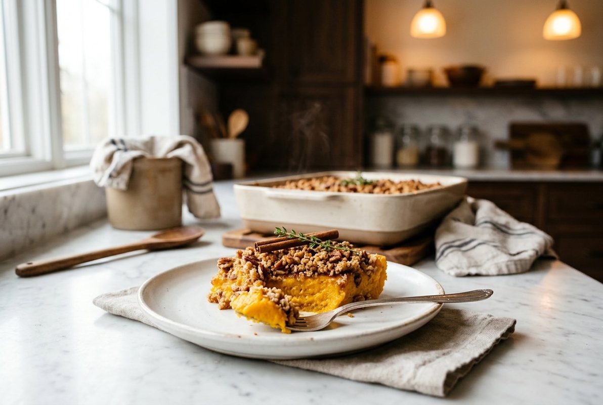 Butternut Squash Casserole hero shot with a serving scooped out
