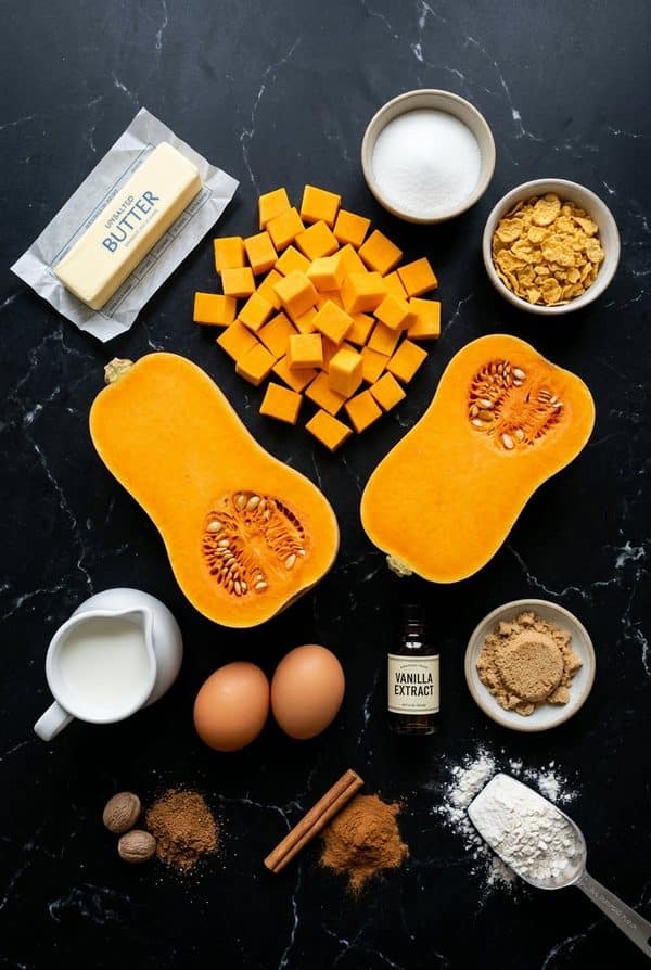 Butternut Squash Casserole ingredients laid out on black marble countertop