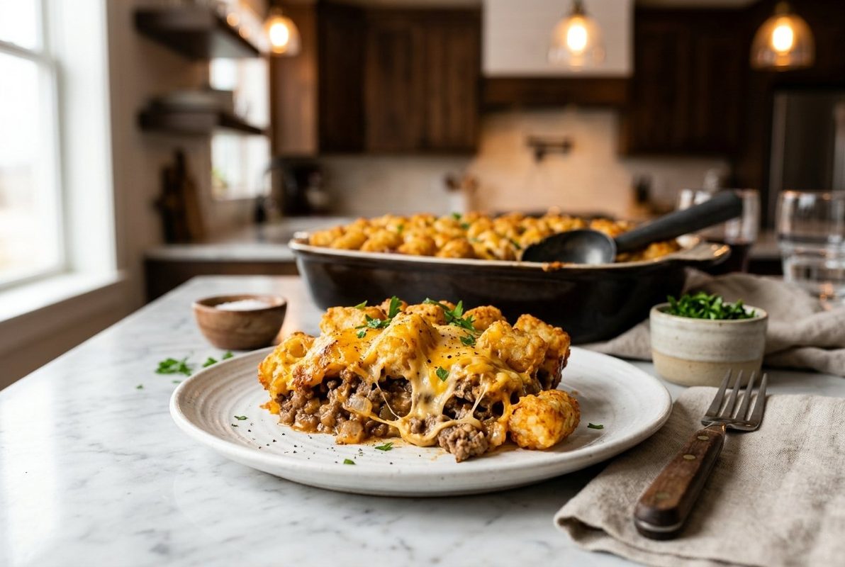 Cheesy Cheeseburger Tater Tot Casserole hero shot with a serving scooped out