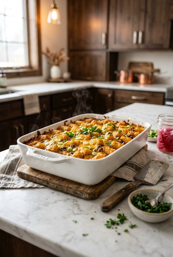 Cheesy Cheeseburger Tater Tot Casserole fresh from the oven