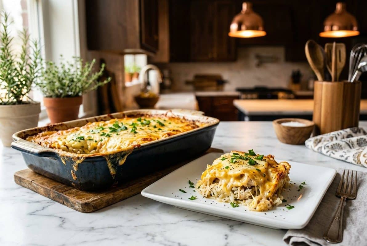 Cheesy Chicken and Rice Casserole hero shot with a serving scooped out