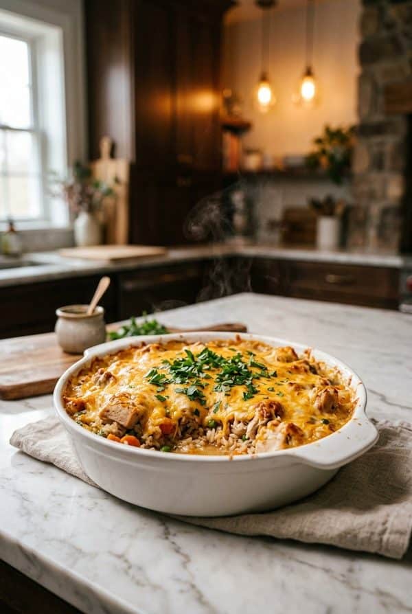Cheesy Chicken and Rice Casserole fresh from the oven