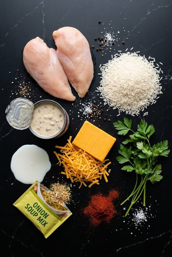 Cheesy Chicken and Rice Casserole ingredients laid out on black marble countertop