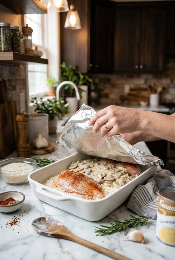 Cheesy Chicken and Rice Casserole being prepared in the kitchen