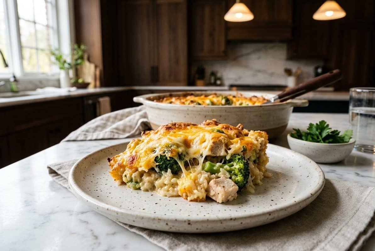Cheesy Chicken Broccoli Rice Casserole hero shot with a serving scooped out