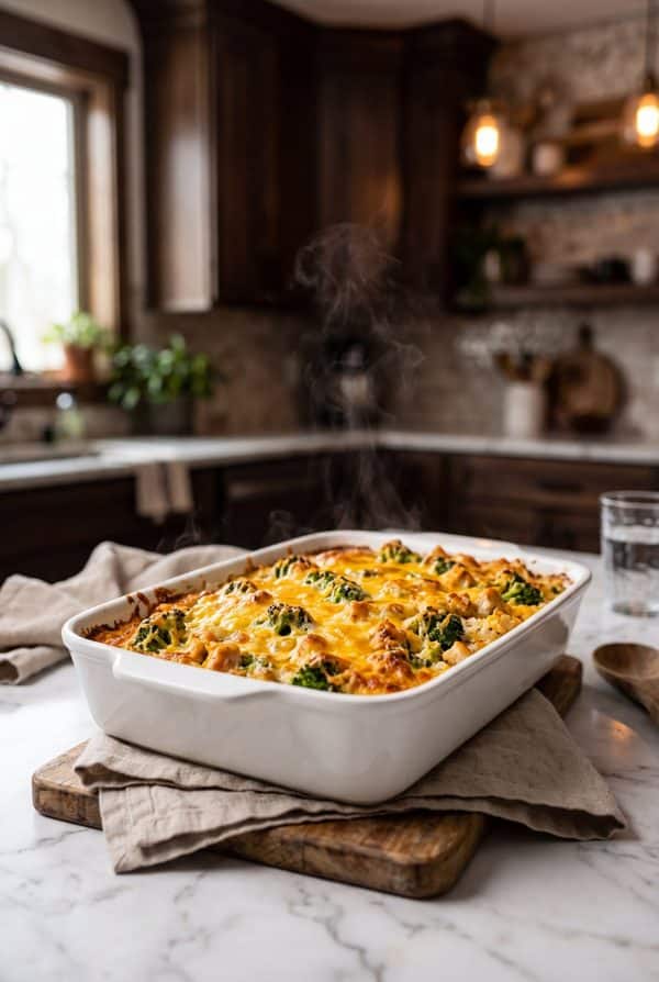 Cheesy Chicken Broccoli Rice Casserole fresh from the oven