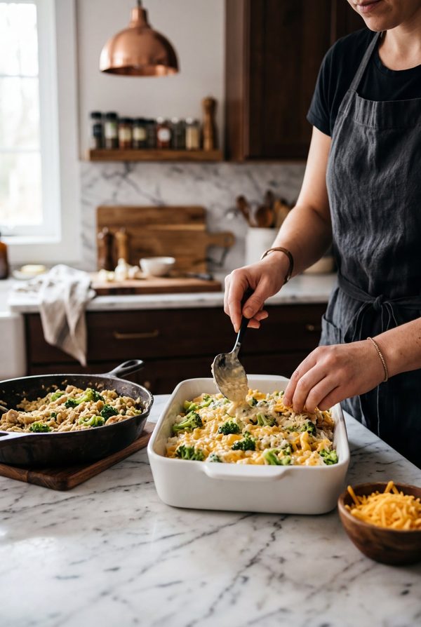 Cheesy Chicken Broccoli Rice Casserole being prepared in the kitchen