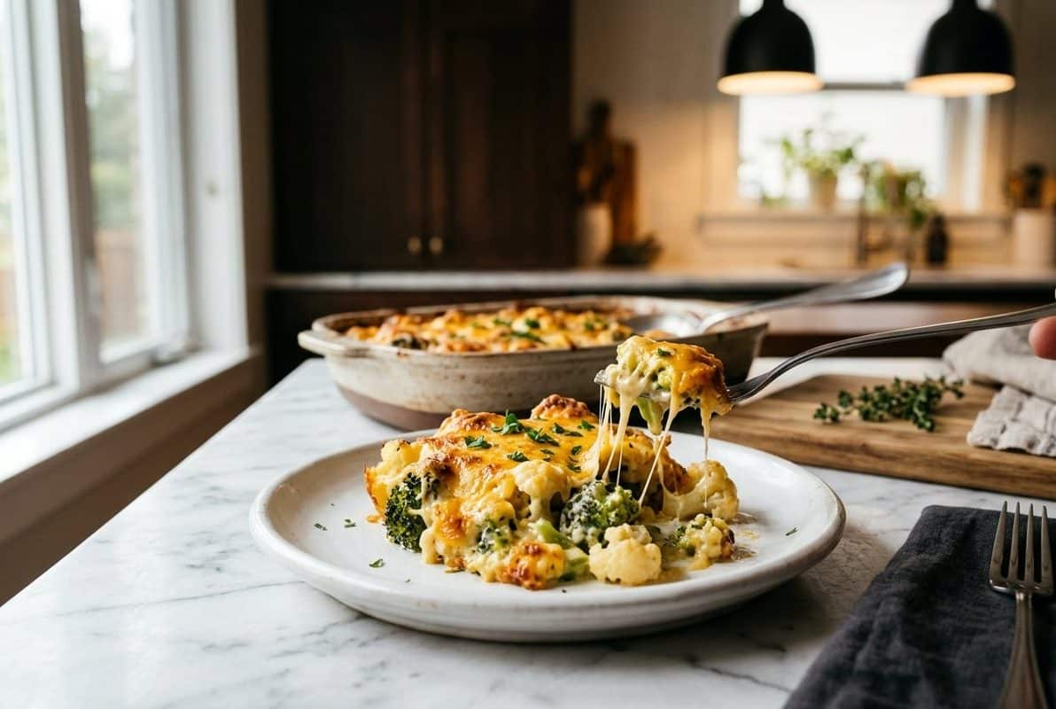 Cheesy Keto Broccoli And Cauliflower Casserole hero shot with a serving scooped out
