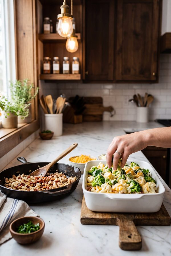 Cheesy Keto Broccoli And Cauliflower Casserole being prepared in the kitchen