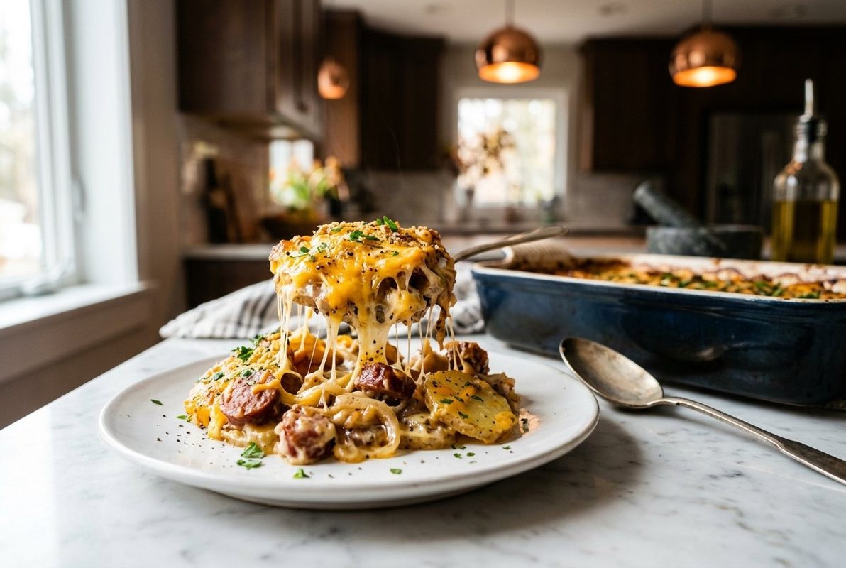 Cheesy Potato And Smoked Sausage Casserole hero shot with a serving scooped out