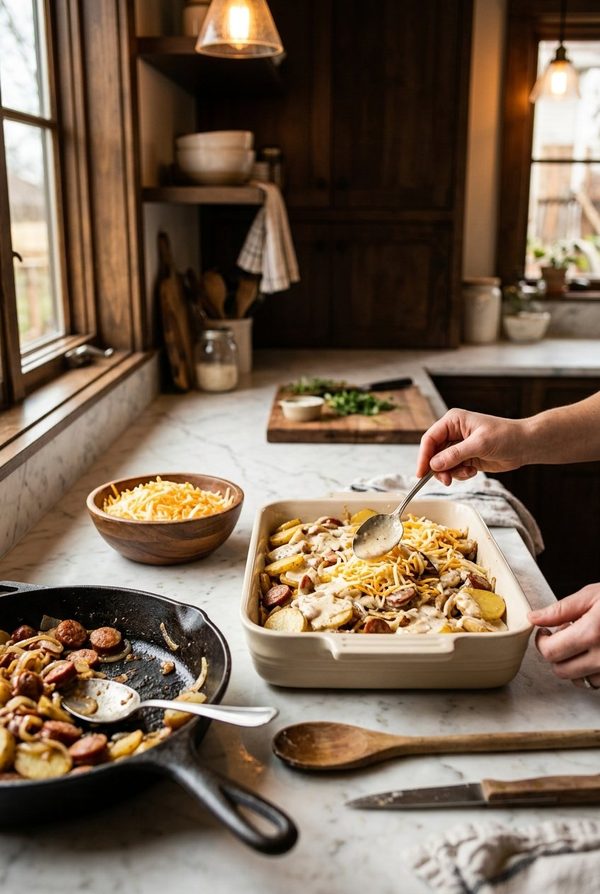 Cheesy Potato And Smoked Sausage Casserole being prepared in the kitchen