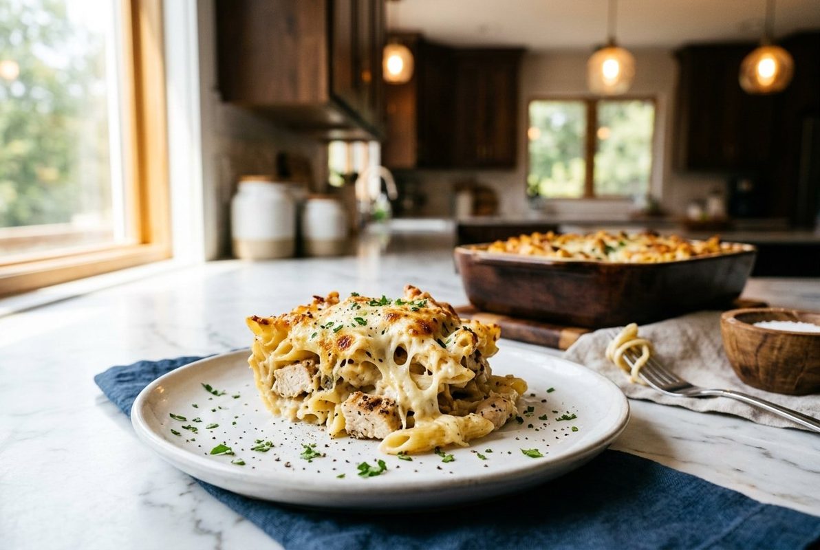 Chicken Alfredo Casserole hero shot with a serving scooped out