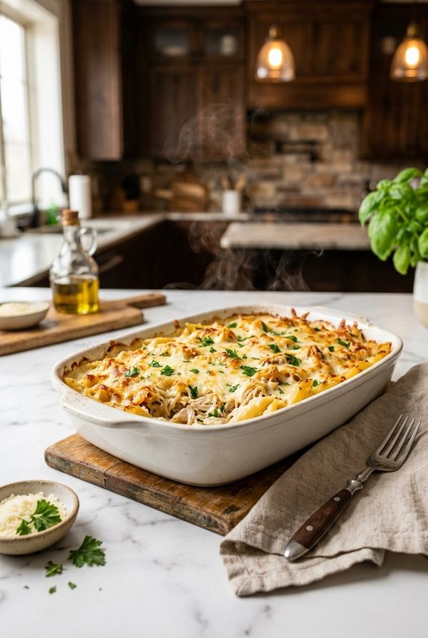 Chicken Alfredo Casserole fresh from the oven