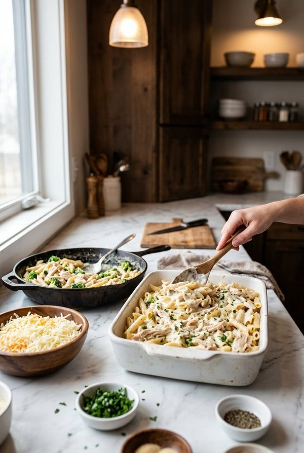 Chicken Alfredo Casserole being prepared in the kitchen