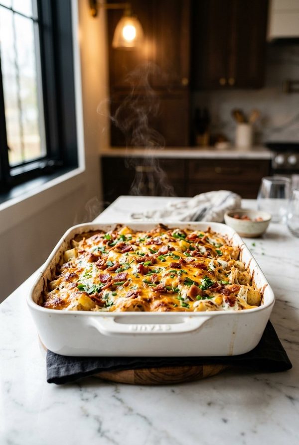Chicken Bacon Ranch Casserole With Potatoes fresh from the oven