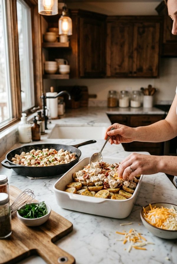 Chicken Bacon Ranch Casserole With Potatoes being prepared in the kitchen