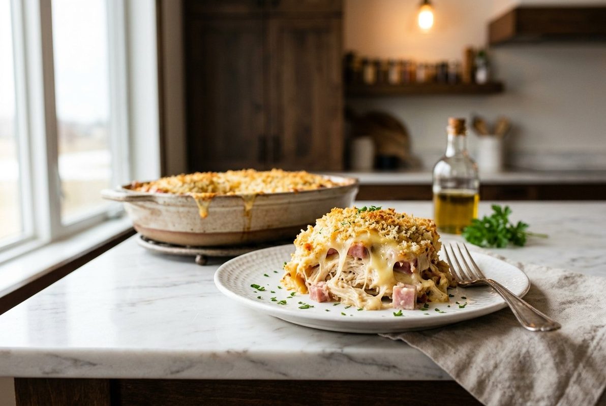 Chicken Cordon Bleu Casserole hero shot with a serving scooped out