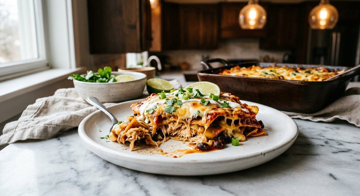 Chicken Enchilada Casserole hero shot with a serving scooped out