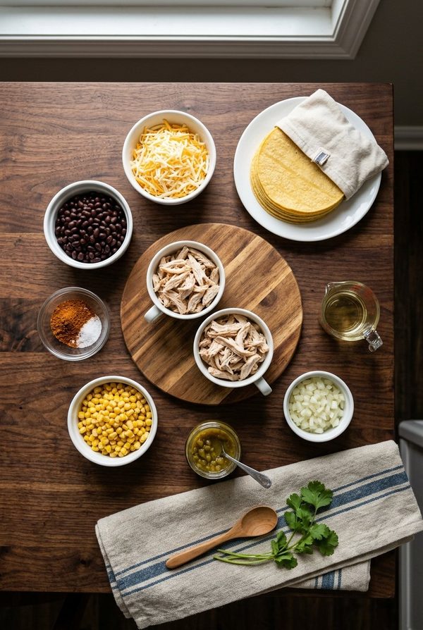 Chicken Enchilada Casserole ingredients laid out on black marble countertop