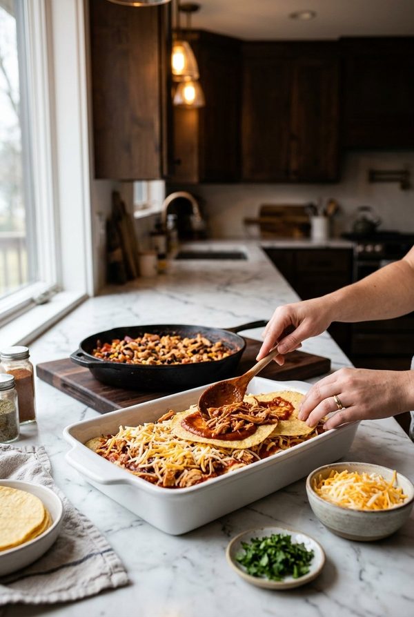 Chicken Enchilada Casserole being prepared in the kitchen