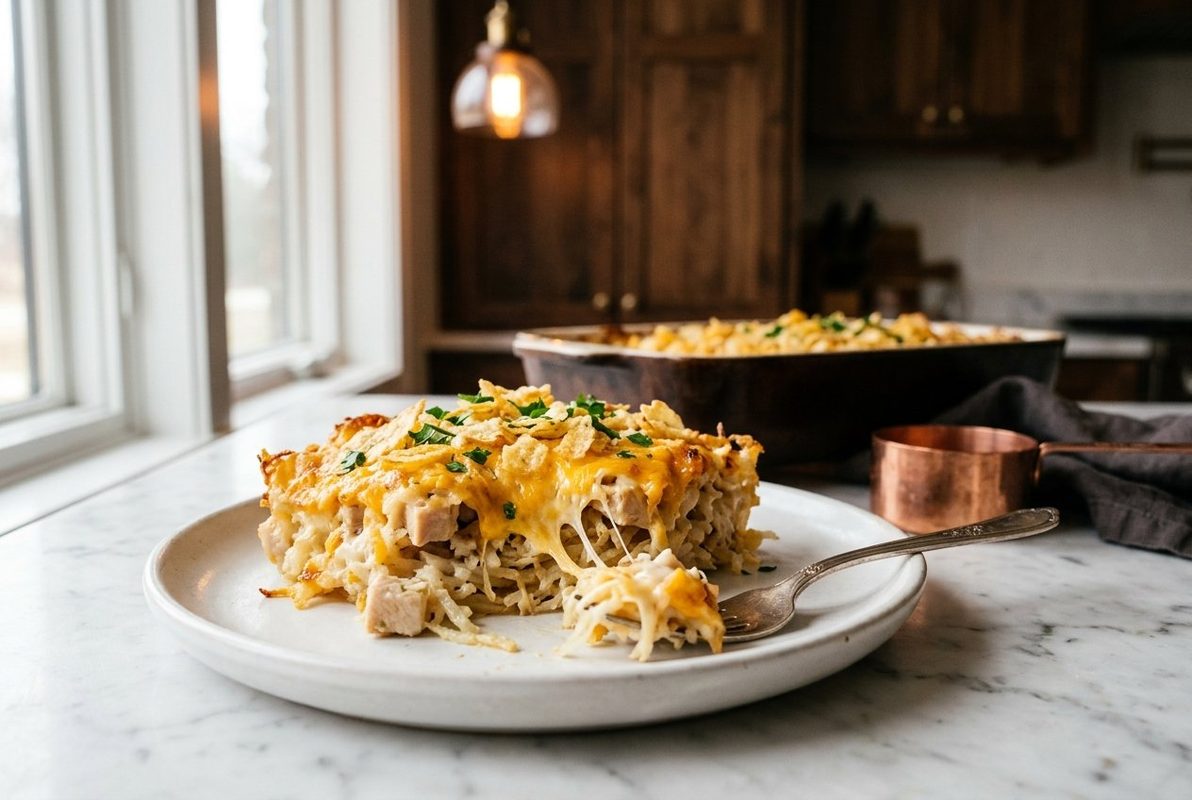 Chicken Hashbrown Casserole hero shot with a serving scooped out